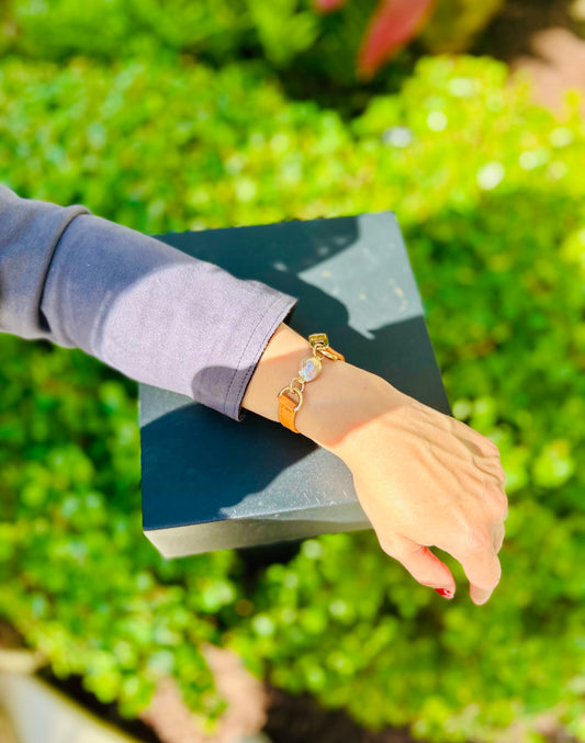 Signature Single Wrap Orange Leather Bracelet with Baroque Pearl
