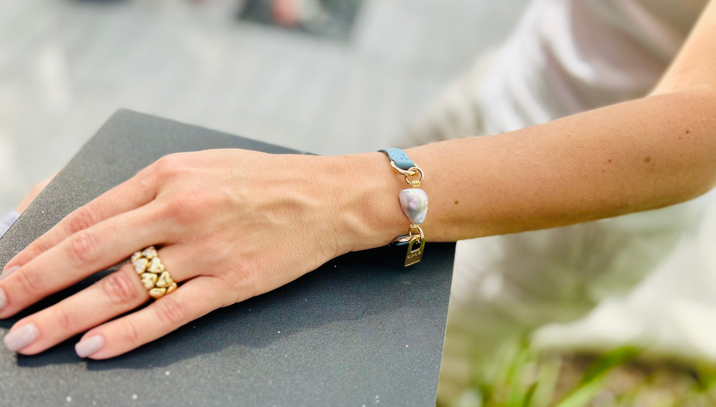 Single Wrap Blue Leather Bracelet with Pearl - LALEBRACELETS