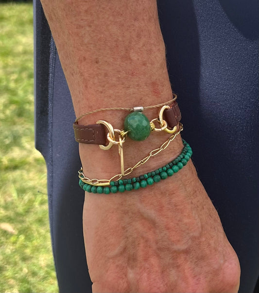 Signature Single Wrap Brown Leather Bracelet with Green Jasper Stone
