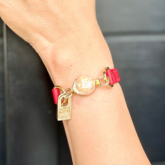 Signature Single Wrap Red Leather Bracelet with Baroque Pearl