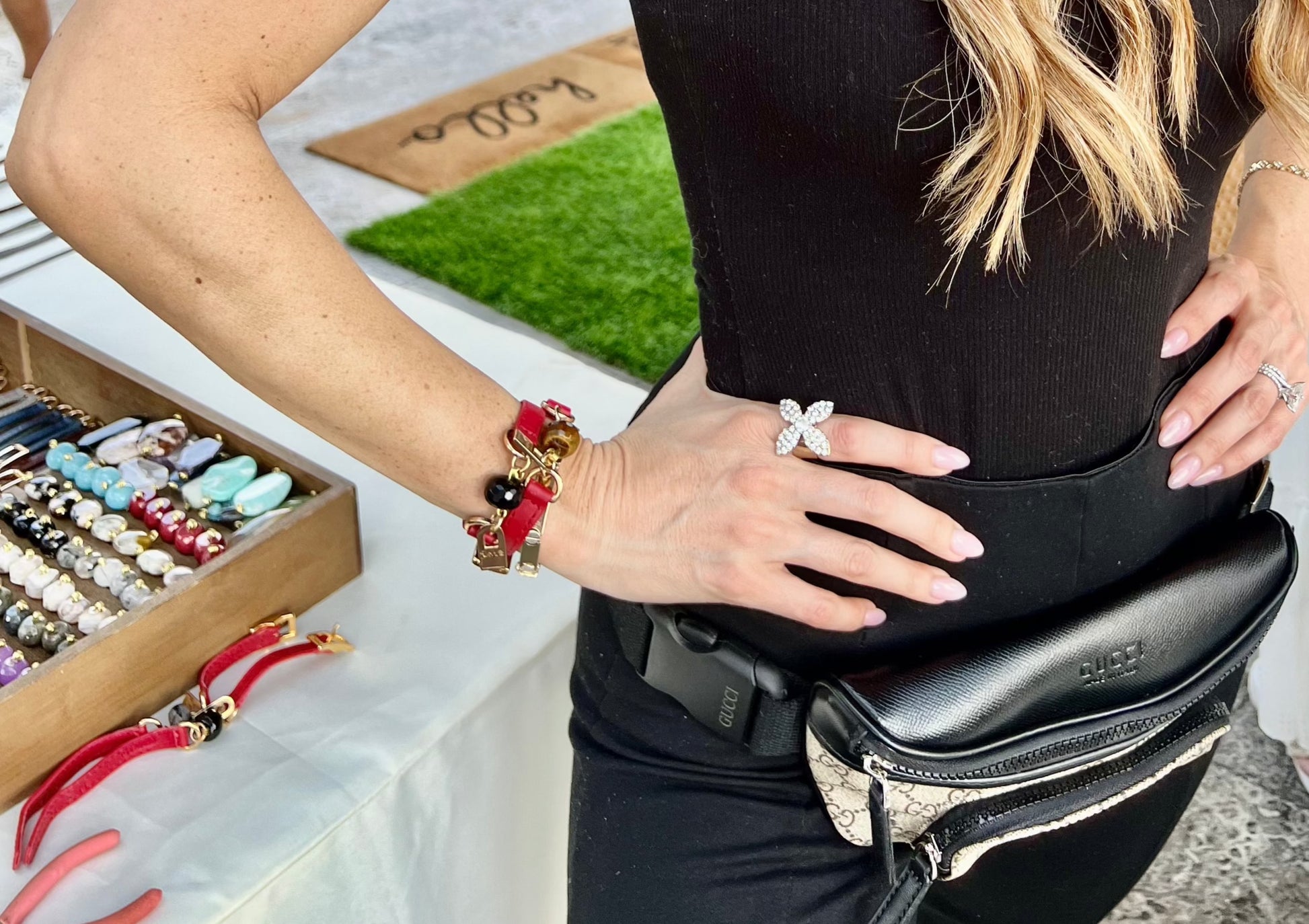Bundle Bracelet with Red Leather, Tiger Eye and Onyx Stones - LALEBRACELETS