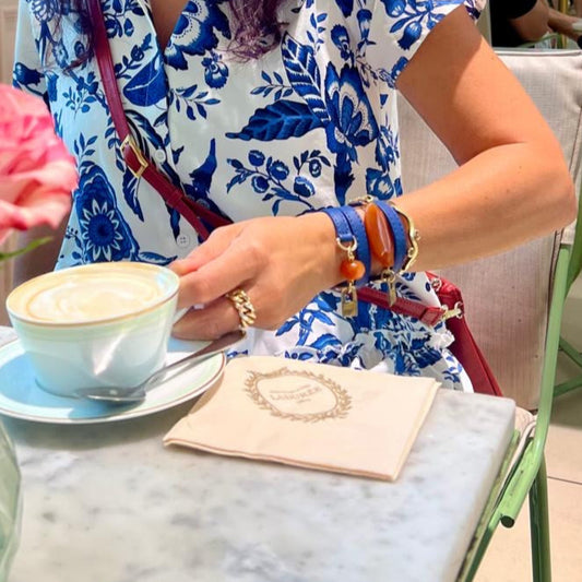 Bundle Bracelet with Bold Blue Leather and Carnelian Stones - LALEBRACELETS