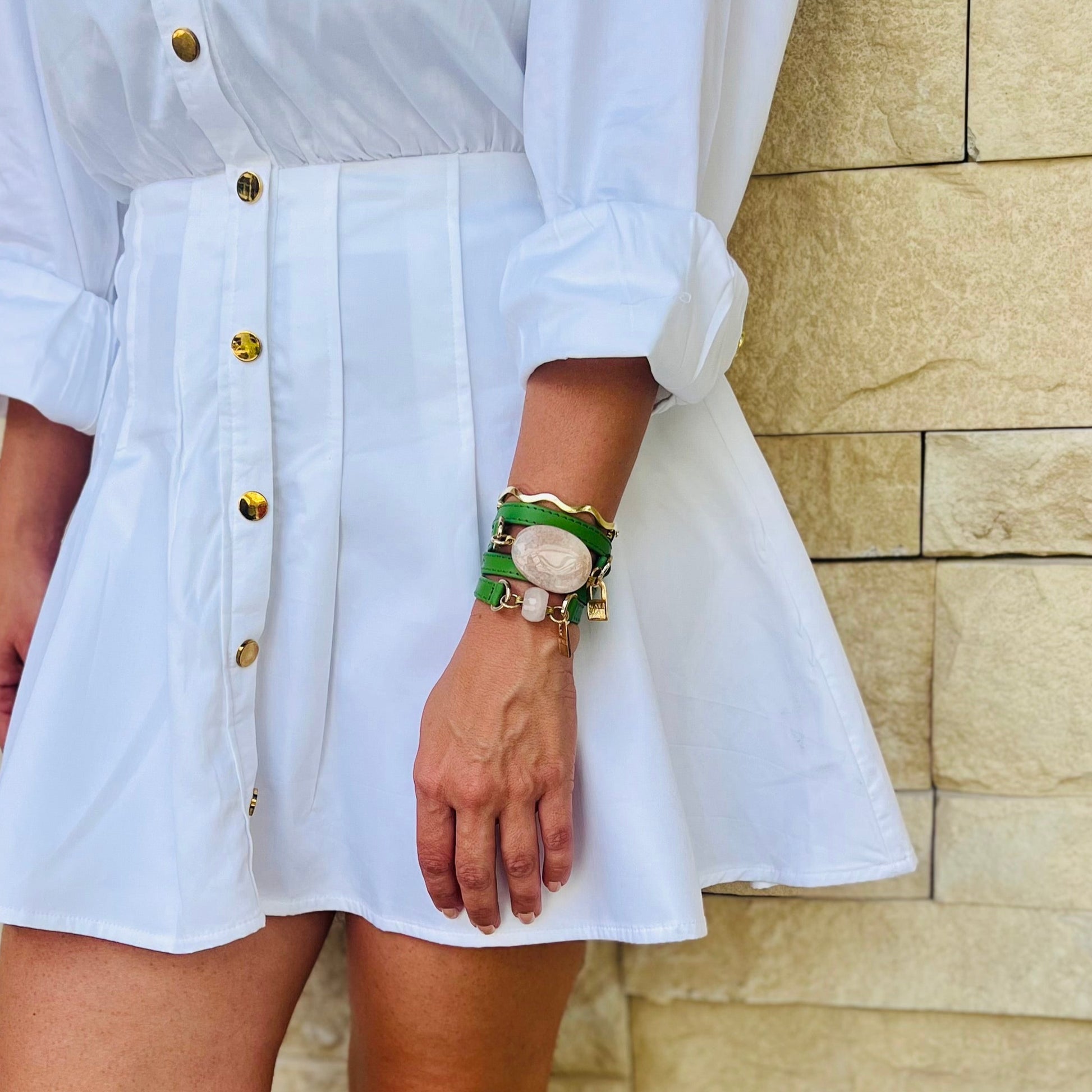 Bundle Bracelet with Green Leather and Agathe and Pink Quartz Stones - LALEBRACELETS