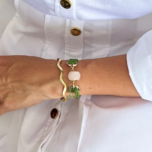 Signature Single Wrap Green Leather Bracelet with Rose Quartz Stone
