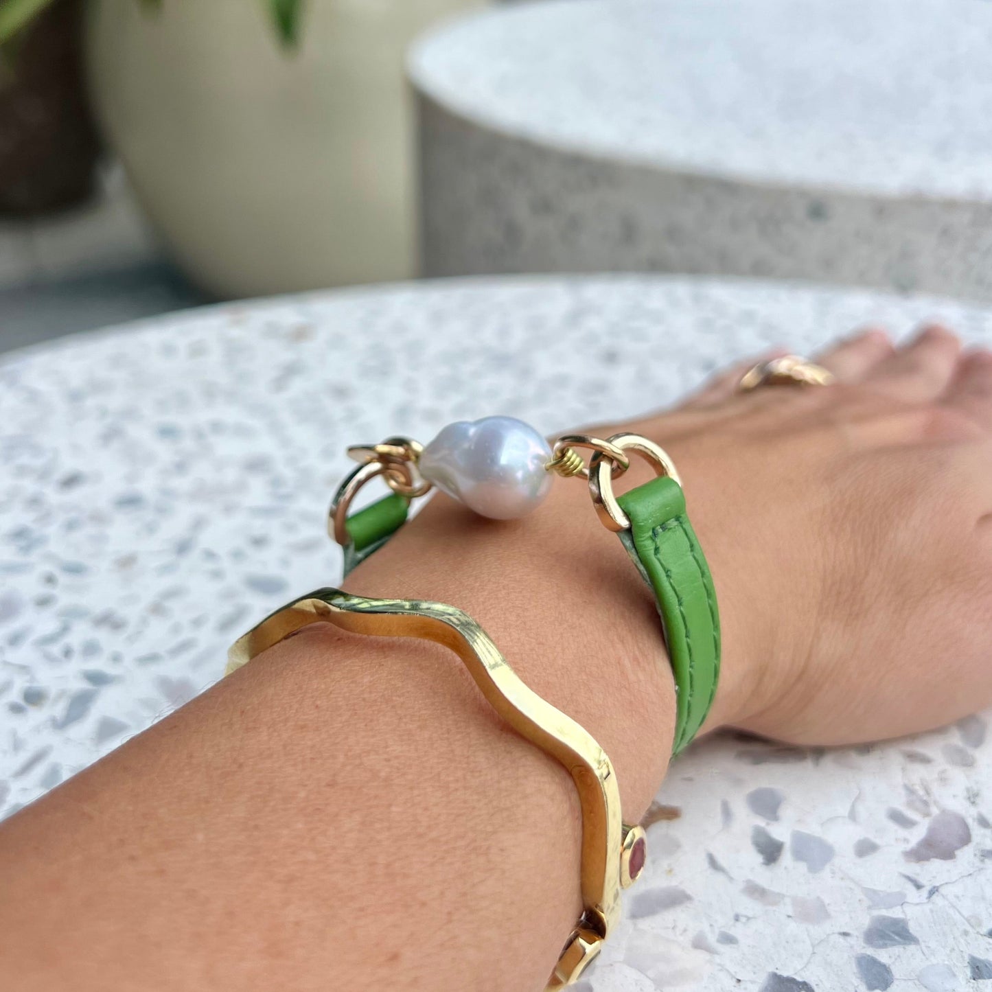 Single Wrap Green Leather Bracelet with Pearl