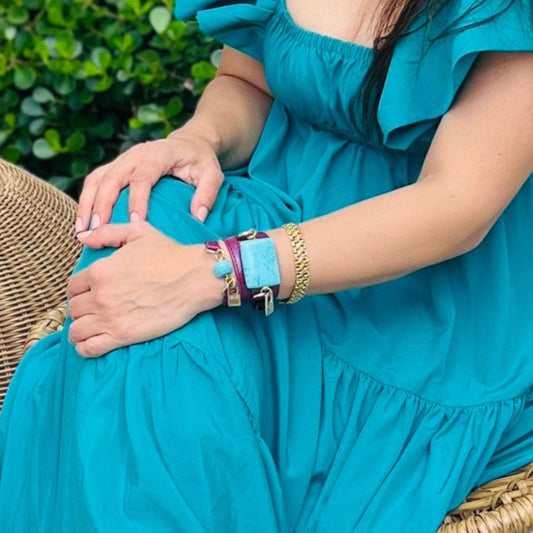 Bundle Bracelet with Purple Leather and Turquoise Stones - LALEBRACELETS
