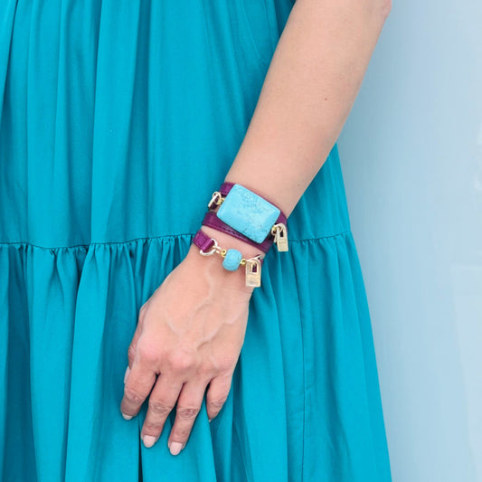 Bundle Bracelet with Purple Leather and Turquoise Stones - LALEBRACELETS