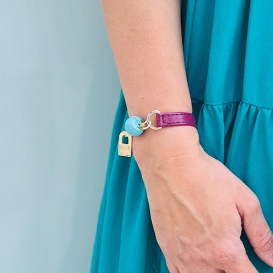 Signature Single Wrap Purple Leather Bracelet with Turquoise Stone