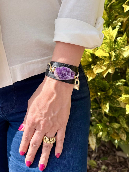 Signature Triple Wrap Black Leather Bracelet with Amethyst