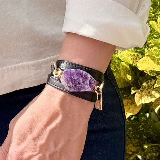 Signature Triple Wrap Black Leather Bracelet with Amethyst