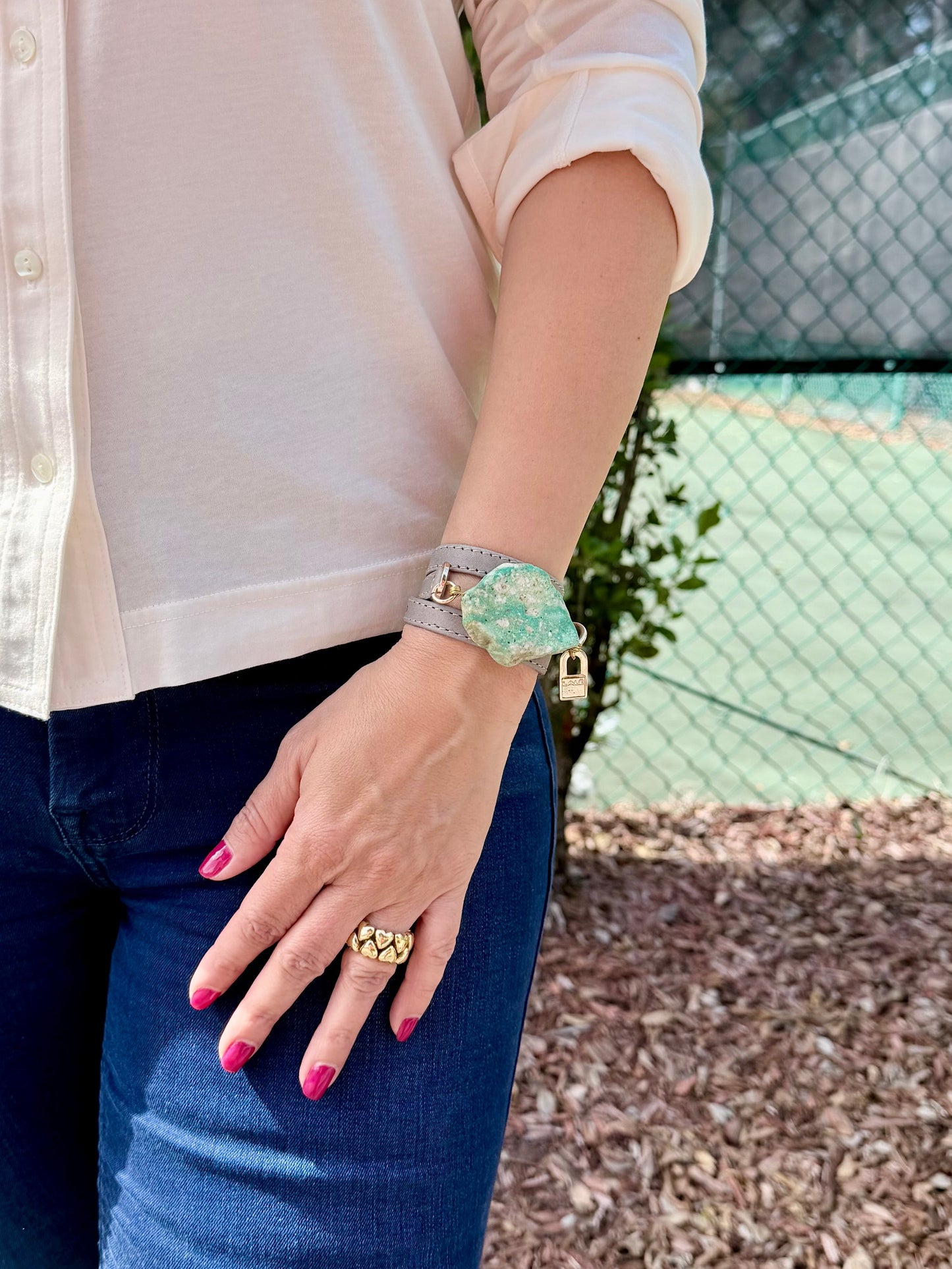 Triple Wrap Gray Leather Bracelet with Green Turquoise - LALEBRACELETS