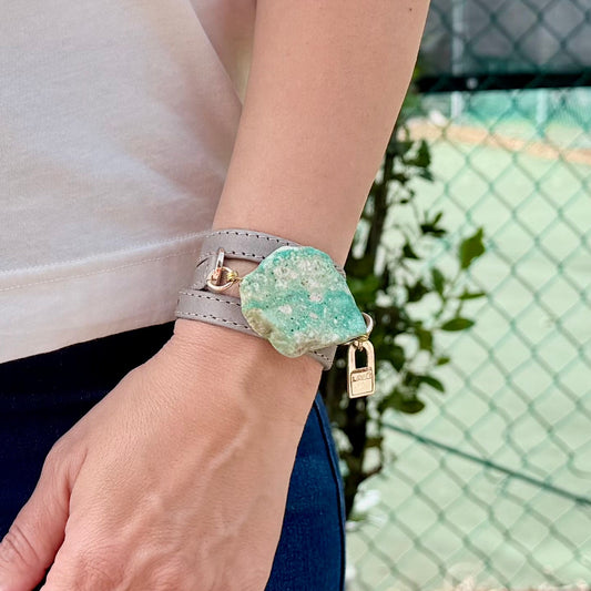 Triple Wrap Gray Leather Bracelet with Green Turquoise