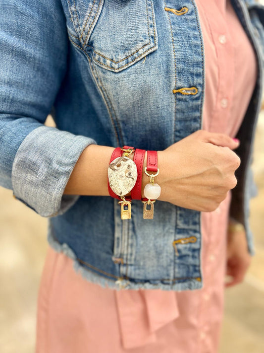 Red Leather Ale Bracelet - Premium Italian Leather with Global Gemstone Accent - LALEBRACELETS