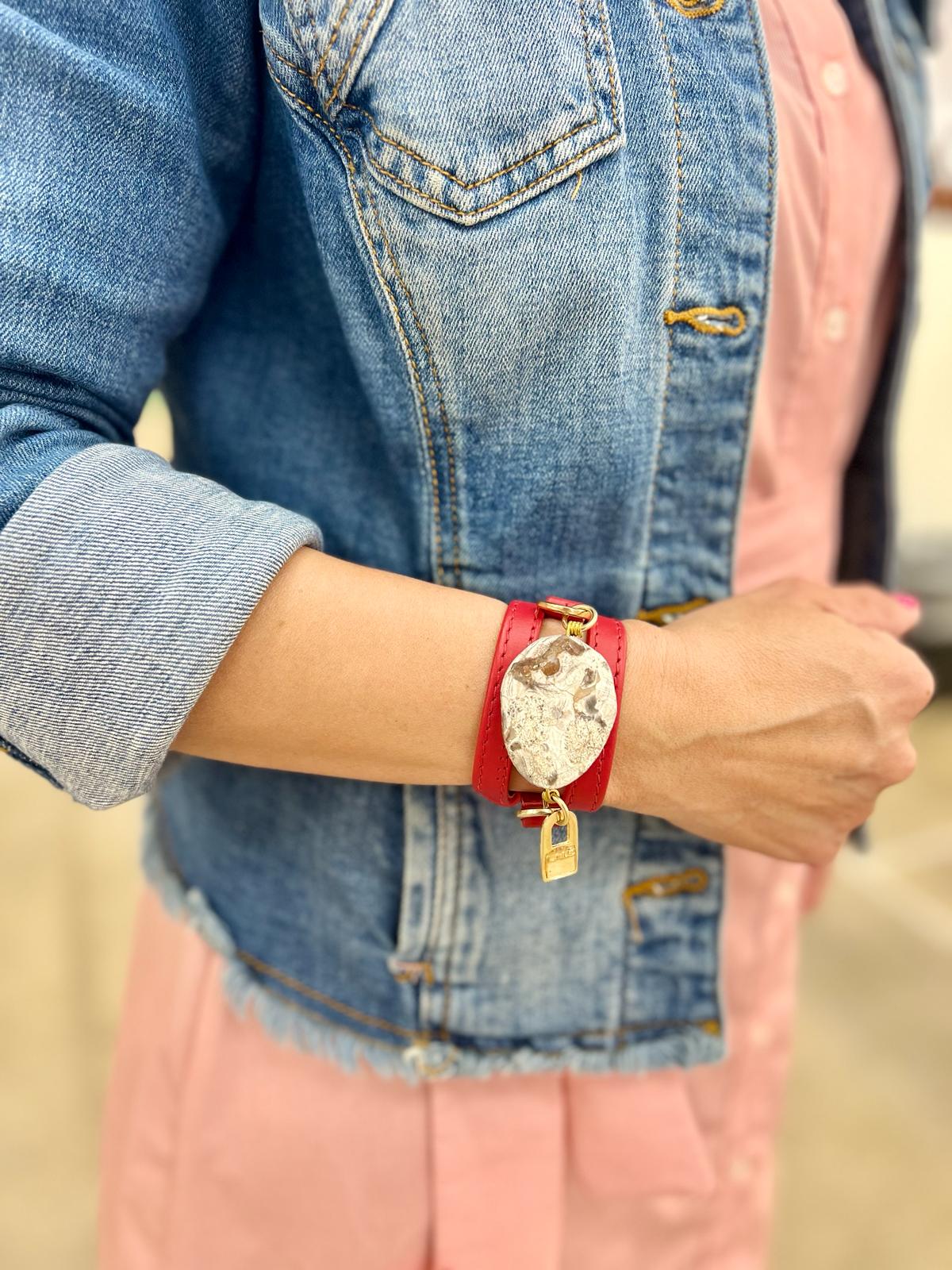 Signature Triple Wrap Red Leather Bracelet with White Agathe Stone