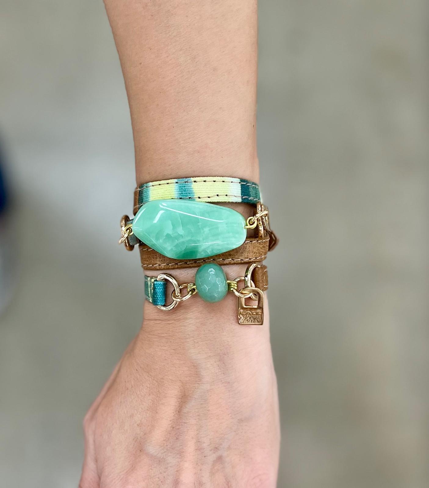 Camel Leather & Yellow-Green Striped Fabric Band Bracelet by LALÉ - LALEBRACELETS