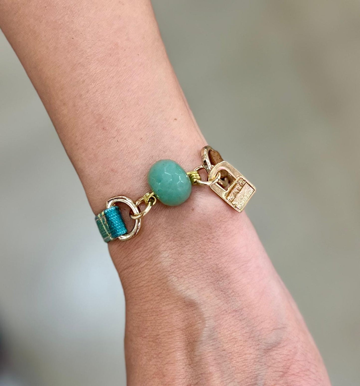 Signature Single Wrap Camel Leather and Green Fabric Bracelet with Jade Stone