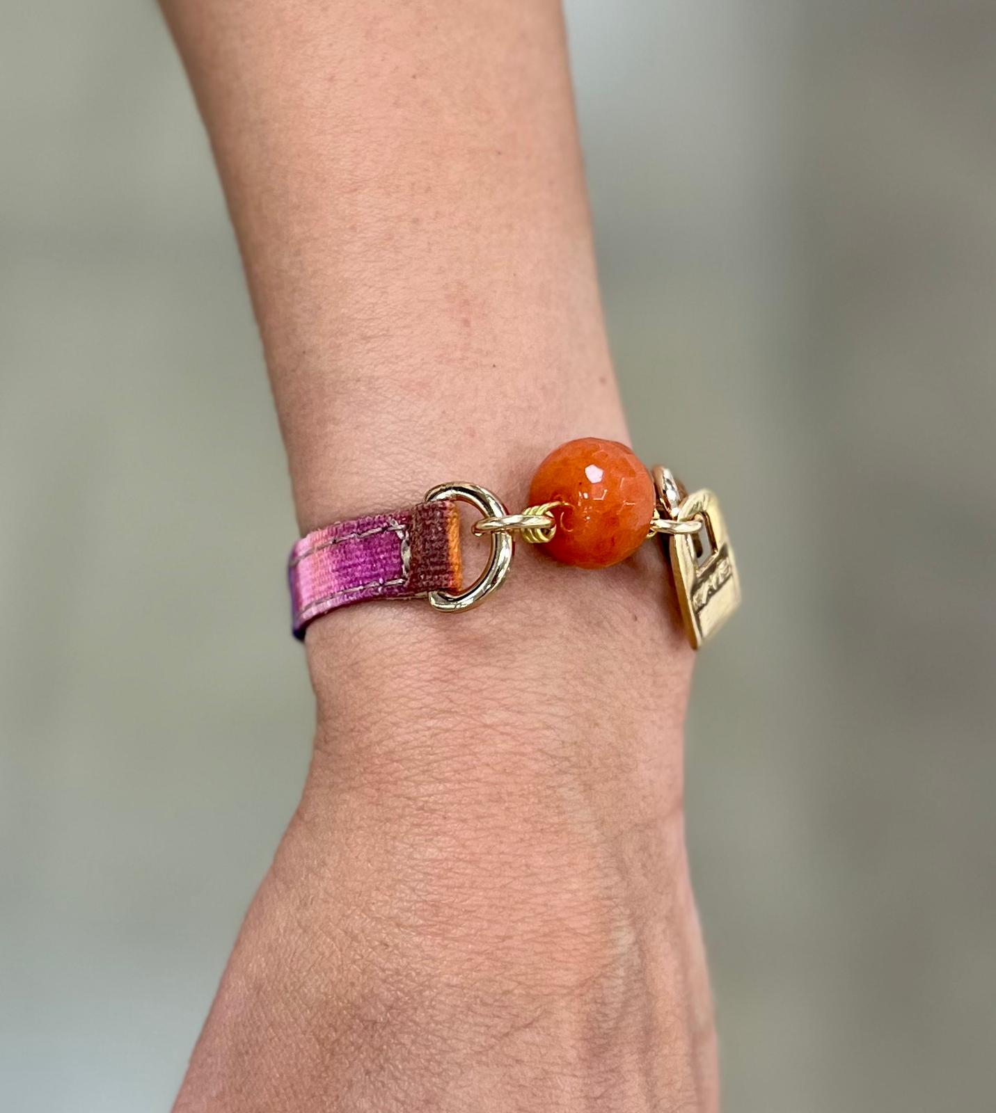 Signature Single Wrap Camel Leather and Magenta Fabric   Bracelet with Orange Jasper