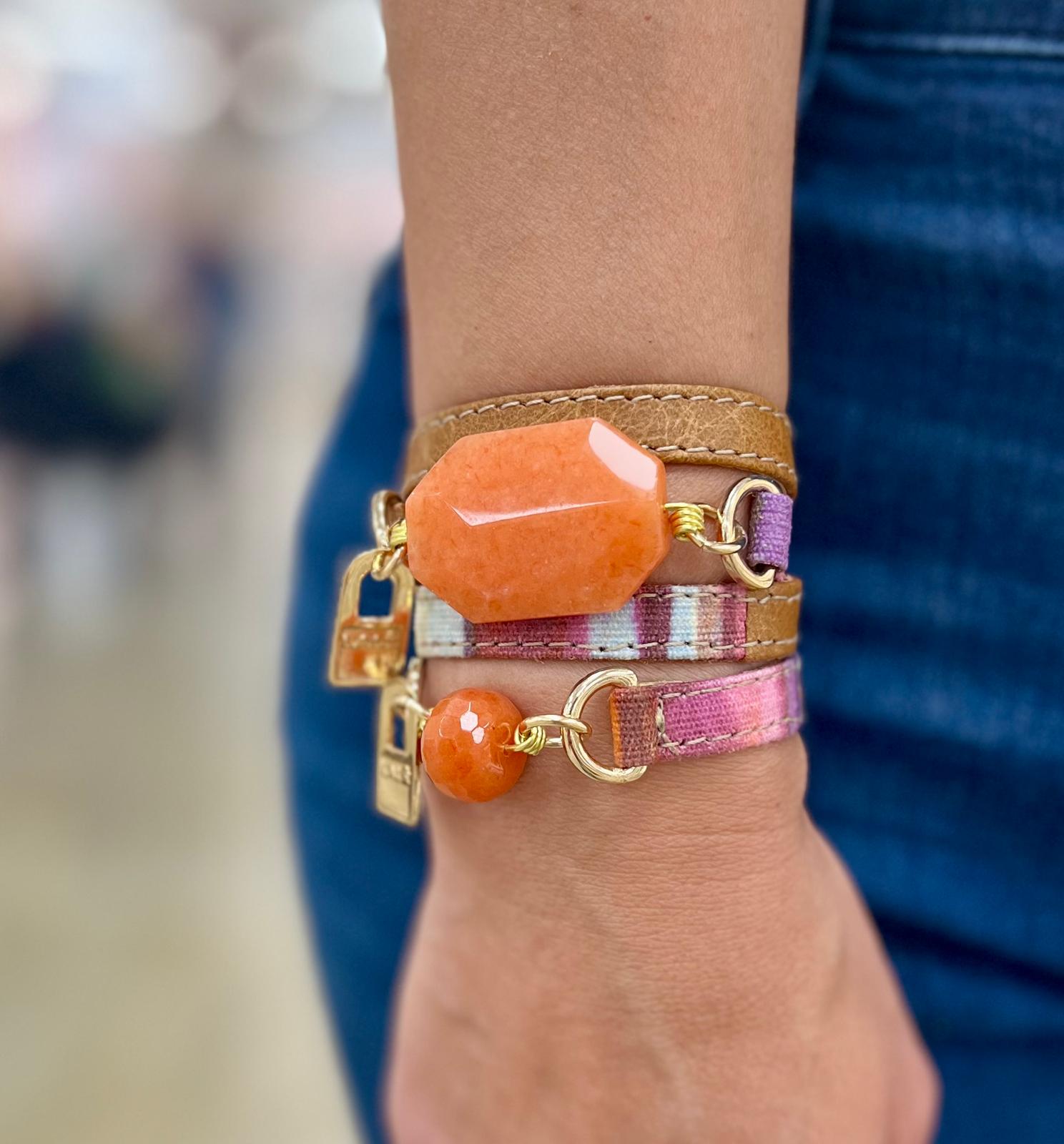 Camel Leather & Colorful Striped Fabric Band Bracelet | LALÉ Bracelets - LALEBRACELETS