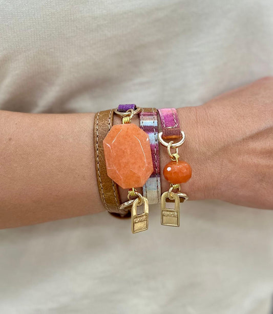 Camel Leather & Colorful Striped Fabric Band Bracelet | LALÉ Bracelets - LALEBRACELETS