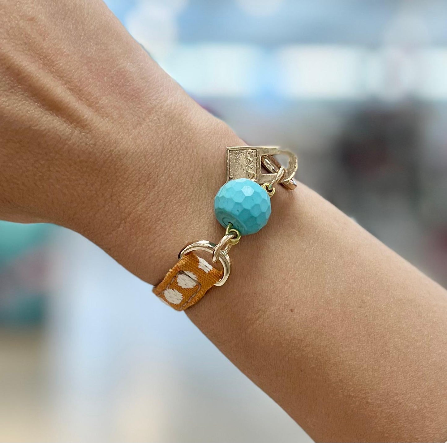 Signature Single Wrap Camel Leather and Orange Dots Fabric Bracelet with Turquoise Stone