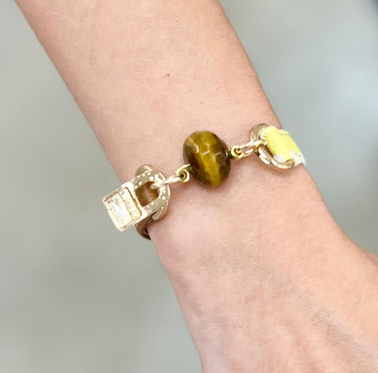 Signature Single Wrap Camel Leather and Yellow Dots Fabric Bracelet with Tiger Eye Stone