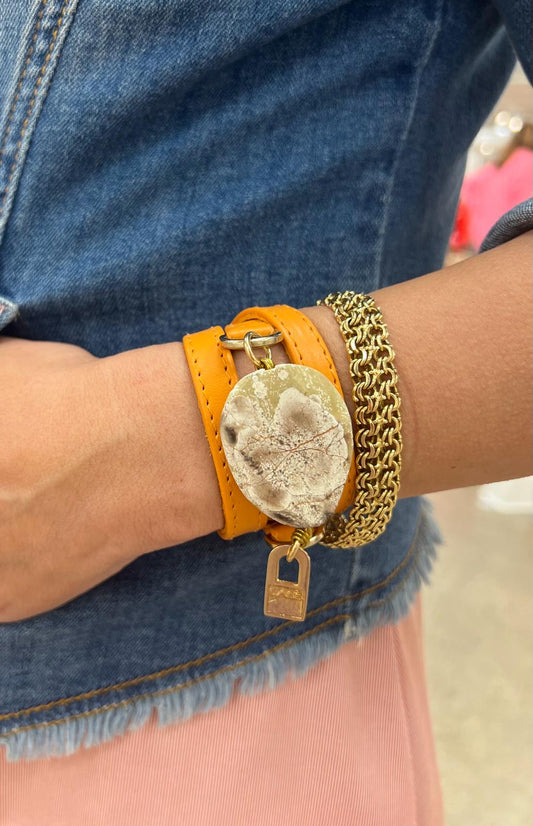 Signature Triple Wrap Orange Leather  Bracelet with White Agathe Stone