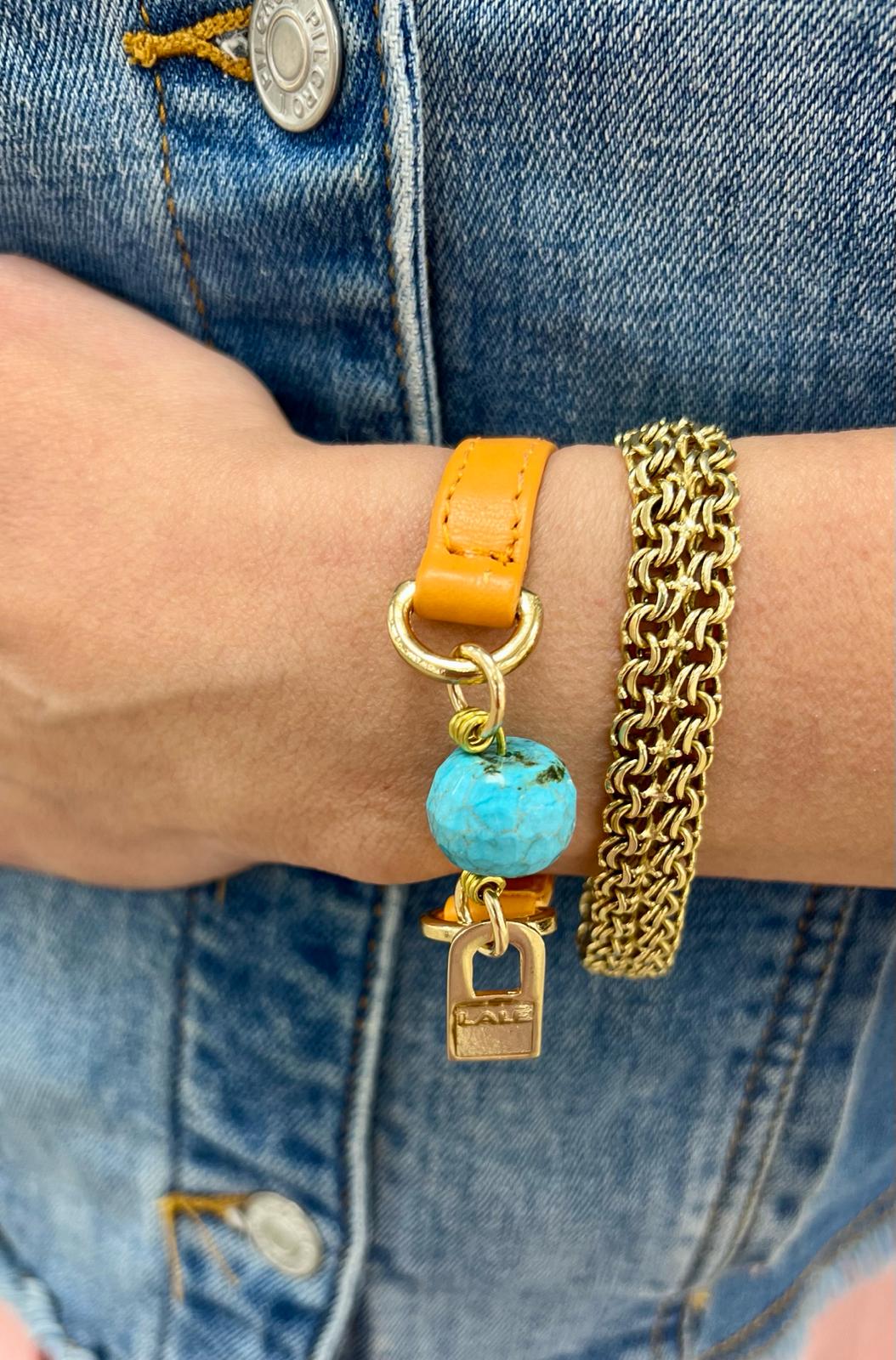 Signature Single Wrap Orange Leather Bracelet with Turquoise Stone