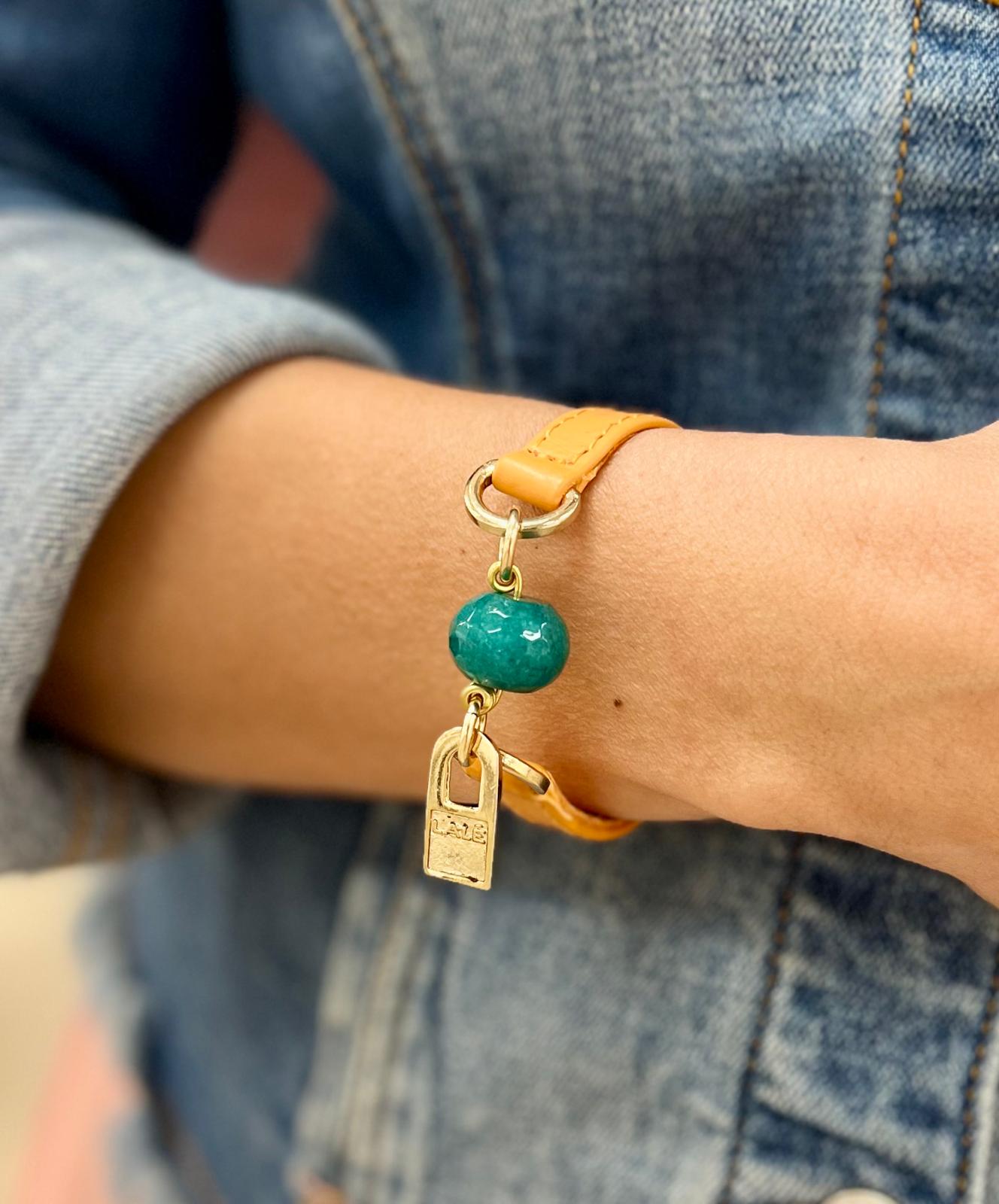 Leather Wrap Bracelet top Handmade - Orange Leather and Turquoise