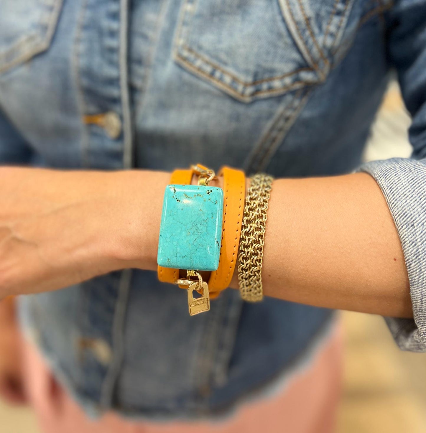 Signature Triple Wrap Orange Leather  Bracelet with White Turquoise Stone