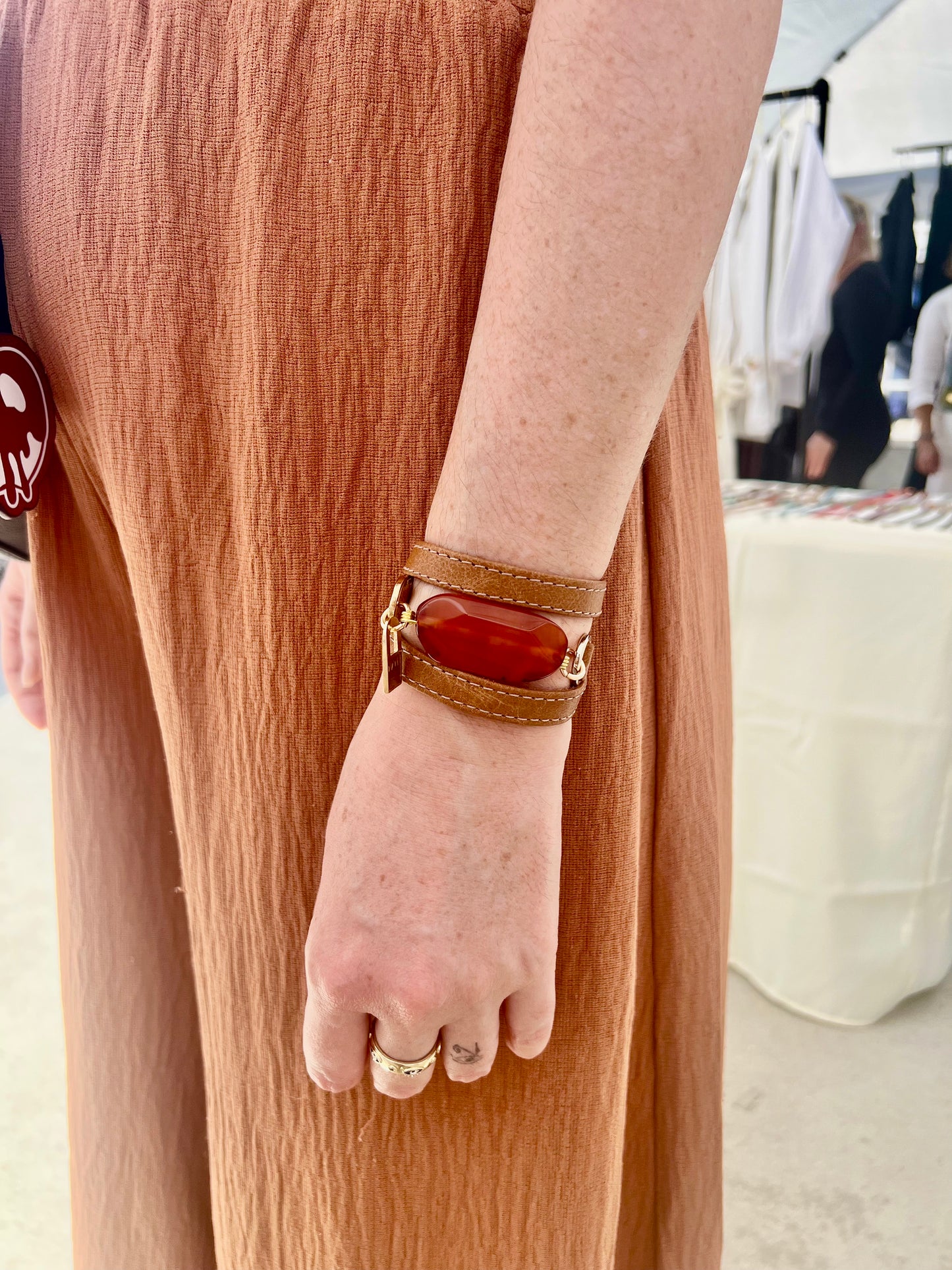 Signature Triple Wrap Camel Leather Bracelet with Carnelian Stone