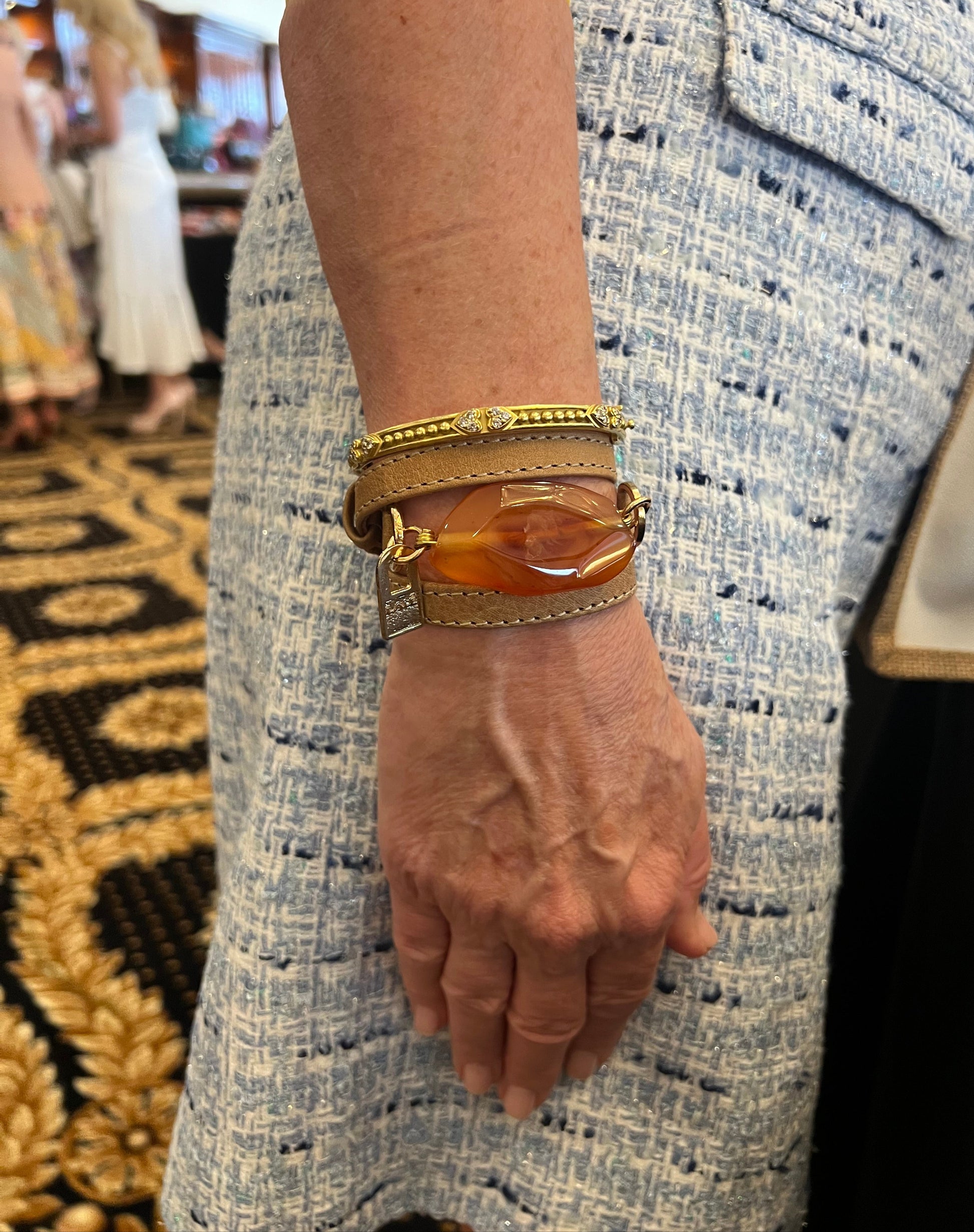 Signature Triple Wrap Camel Leather Bracelet with Carnelian Stone