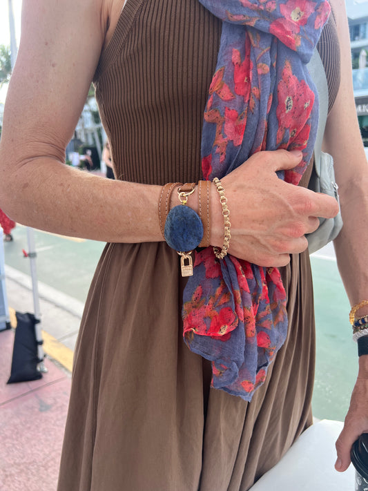 Signature Triple Wrap Camel Leather Bracelet with Dark Blue Agathe Stone