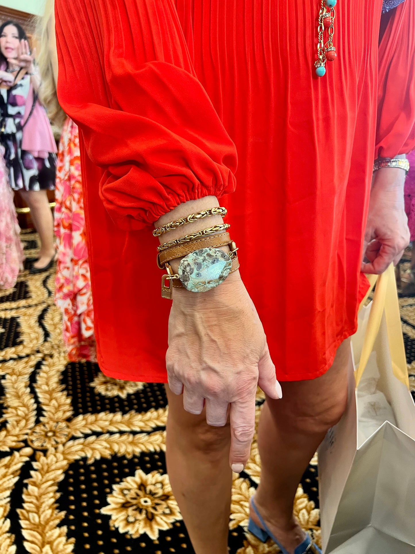 Signature Triple Wrap Camel Leather Bracelet with Blue Agatha Stone