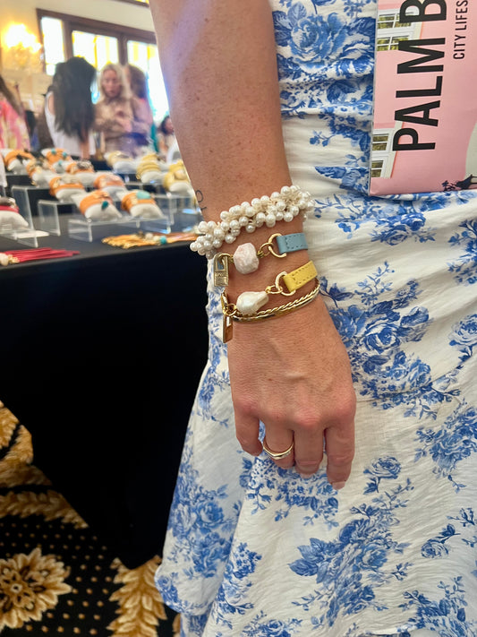 Bundle Bracelet with Yellow and Blue Leather with Pearls - LALEBRACELETS