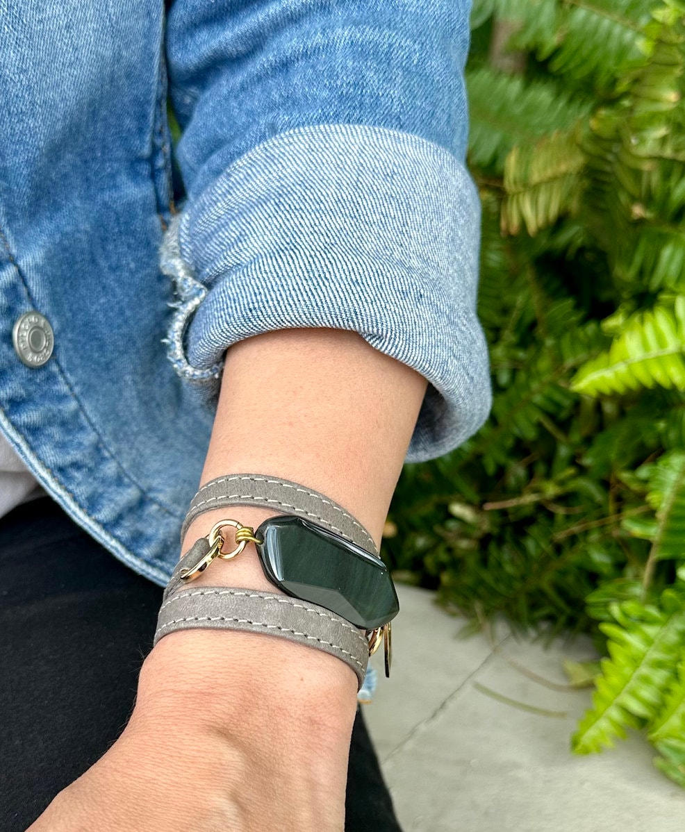 Signature Triple Wrap Gray Leather Bracelet with Onyx Stone