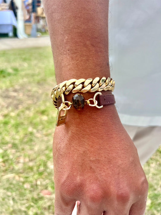 Signature Single Wrap Brown Leather Bracelet with Tiger Eye Stone