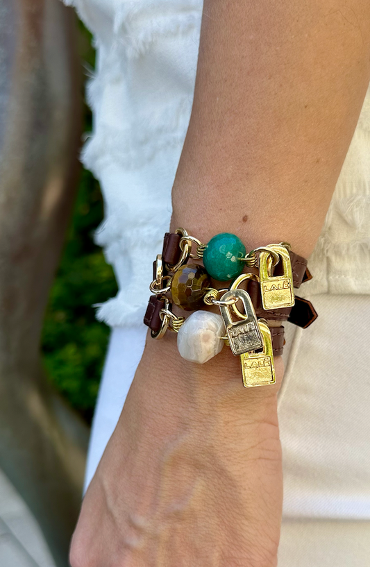 Bundle Bracelet with Brown Leather, Green Turquoise, Tiger Eye and White Agathe Stones - LALEBRACELETS