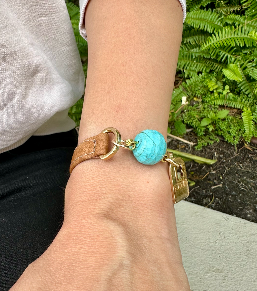 Signature Single Wrap Camel Leather Bracelet with Turquoise Stone
