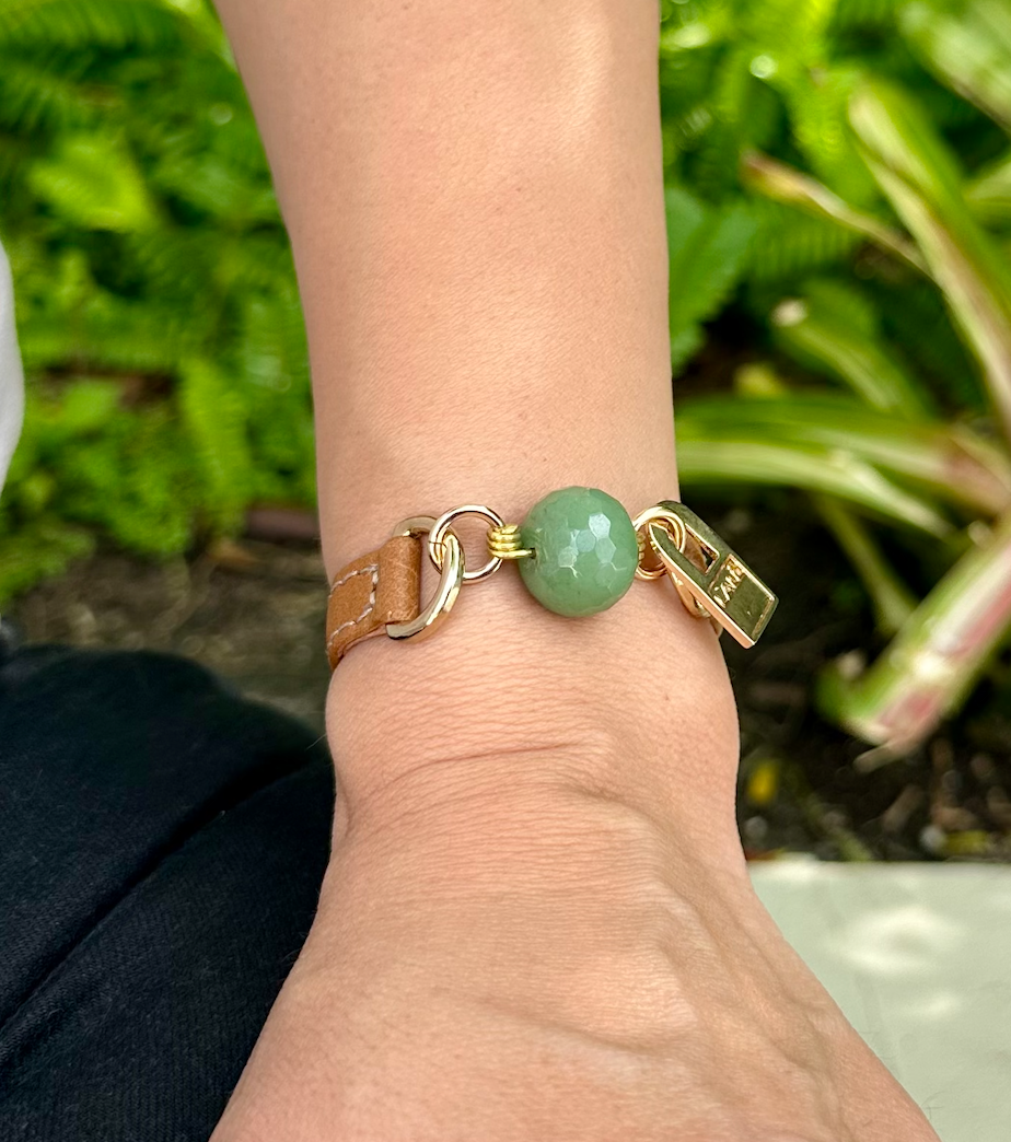 Signature Single Wrap Camel Leather Bracelet with Jade Stone