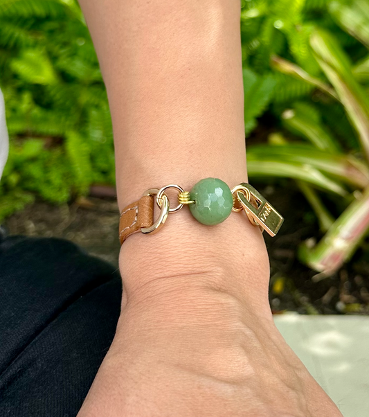 Signature Single Wrap Camel Leather Bracelet with Jade Stone