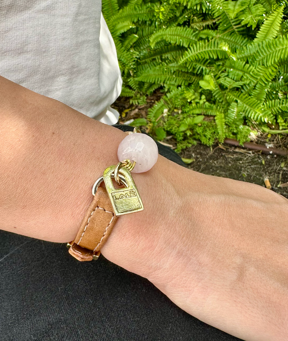 Signature Single Wrap Camel Leather Bracelet with Rose Quartz Stone
