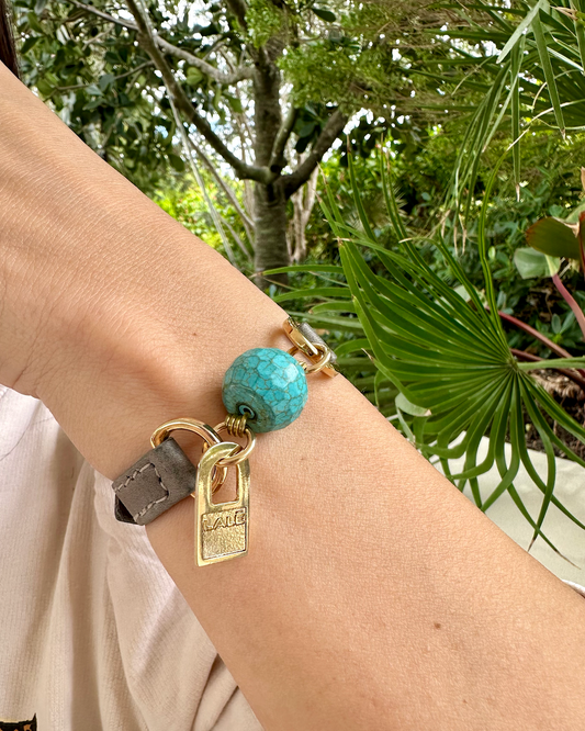 Signature Simple Wrap Gray Leather Bracelet with Turquoise Stone