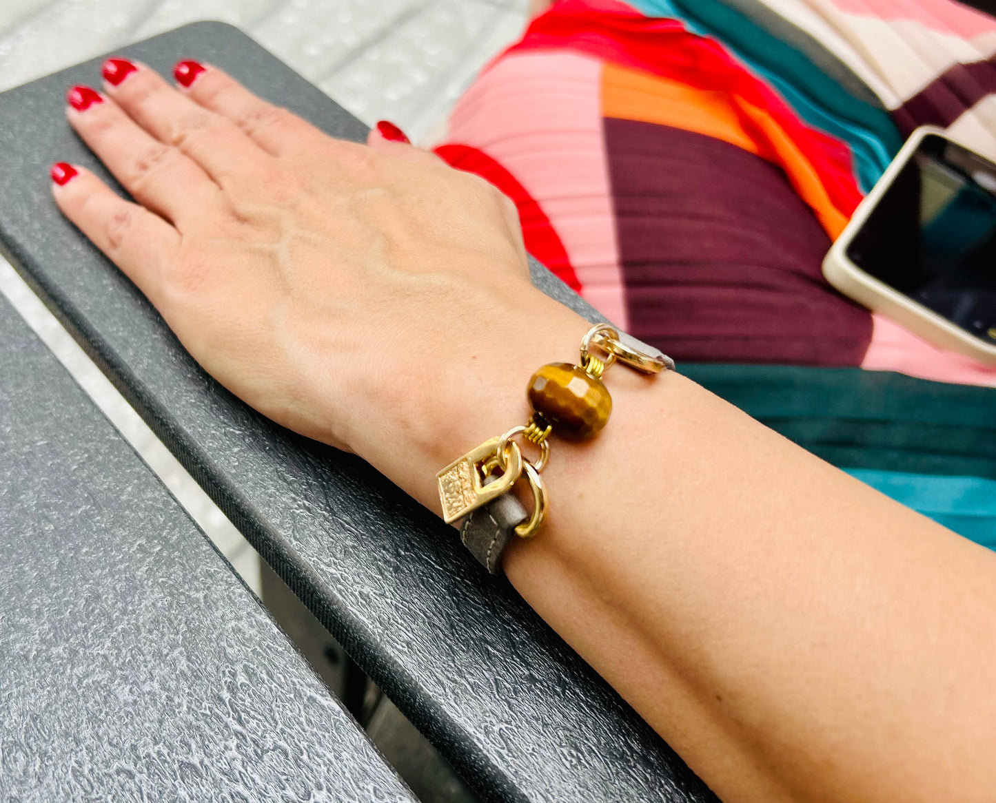Single Wrap Gray Leather Bracelet with Tiger Eye Stone - LALEBRACELETS