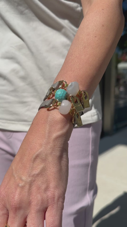 Bundle Bracelet with Gray Leather, White Agathe, Turquoise and Pink Quartz