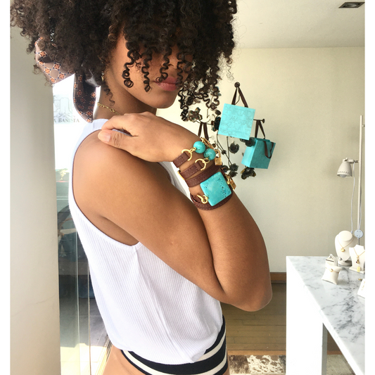 Bracelet Ale - Brown Leather and Turquoise - LALEBRACELETS