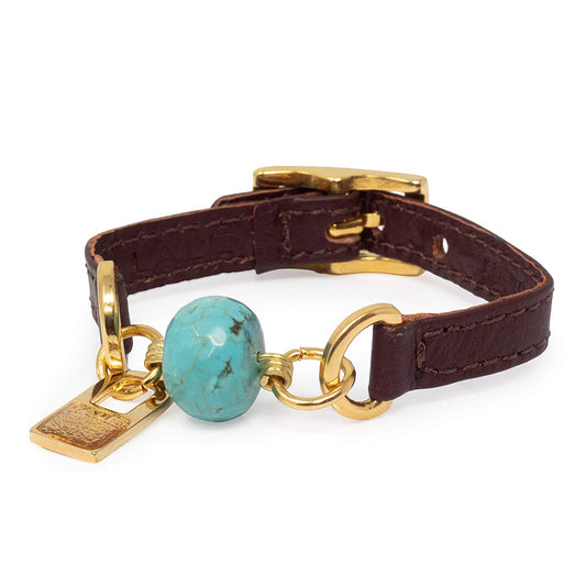Signature Single Wrap Brown Leather Bracelet with Turquoise Stone
