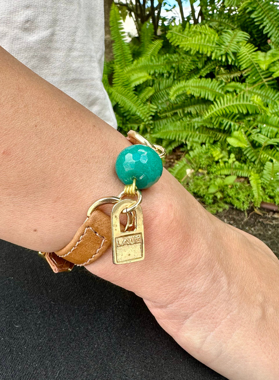 Signature Single Wrap Camel Leather Bracelet with Green Turquoise Stone