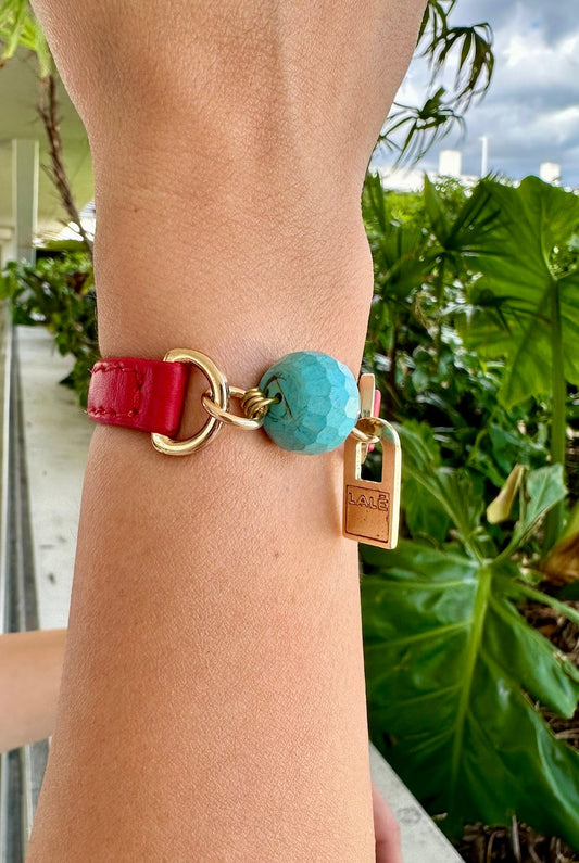 Signature Single Wrap Red Leather Bracelet with Turquoise Stone
