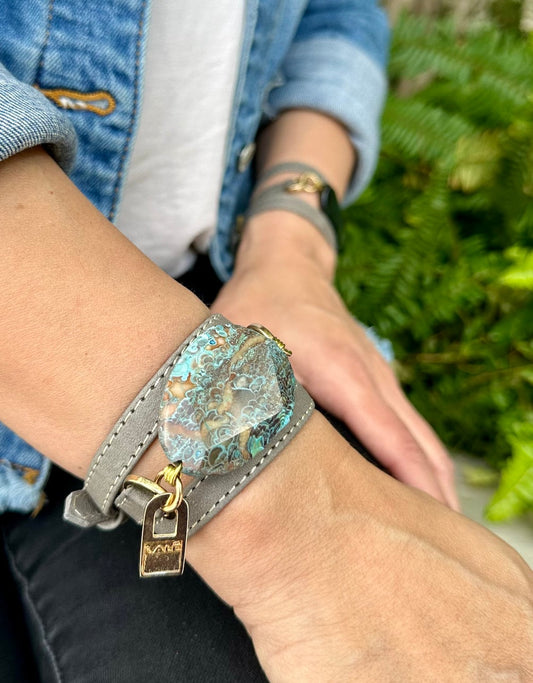 Signature Triple Wrap Gray Leather Bracelet with Blue Agathe Stone