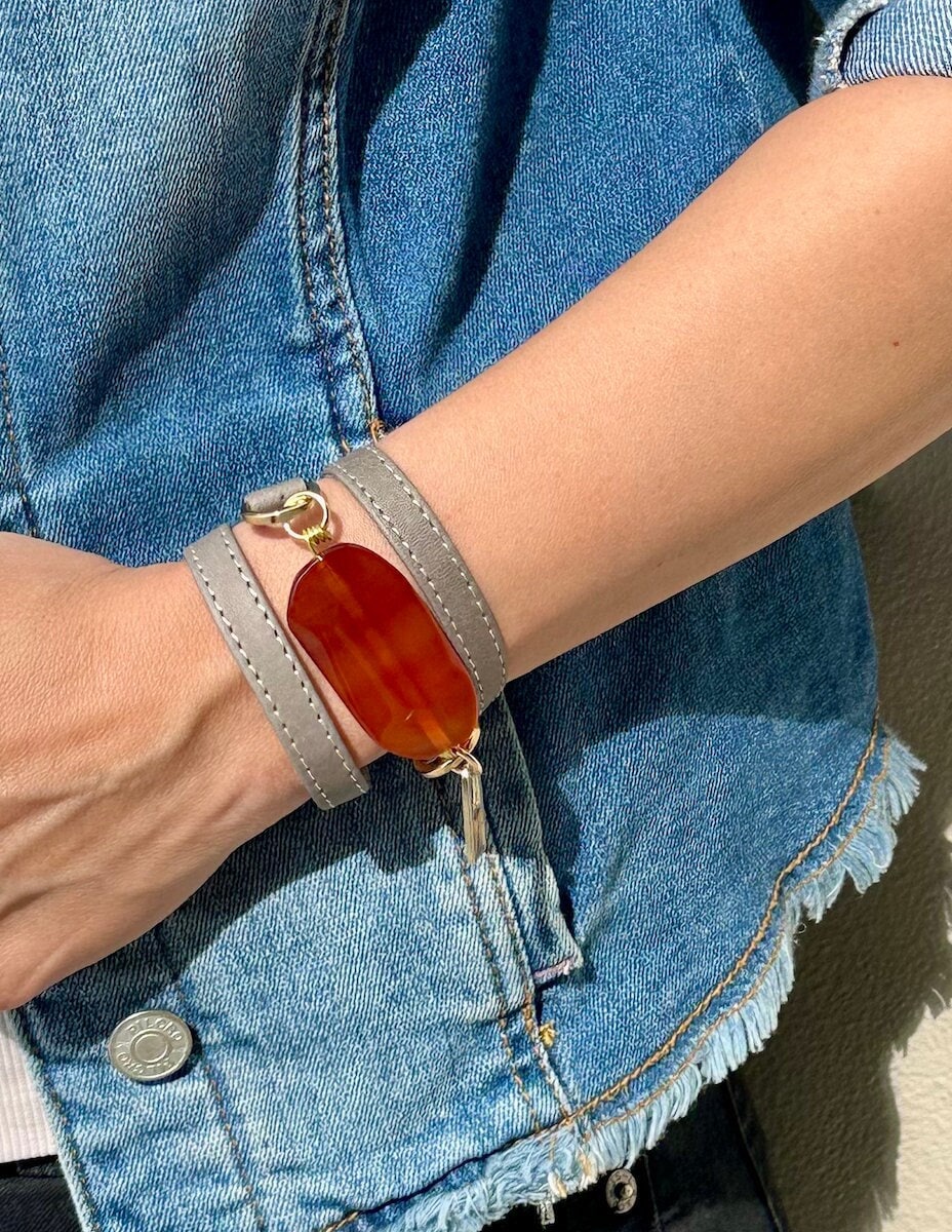 Signature Triple Wrap Gray Leather Bracelet with Carnelian Stone